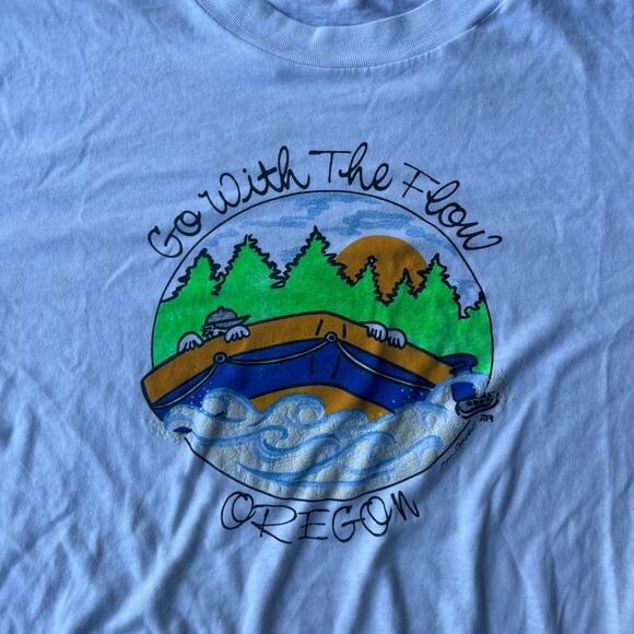 VINTAGE GO WITH THE FLOW OREGON NATURE SHIRT MENS LARGE WHITE 80S 90S - Picture 3 of 5